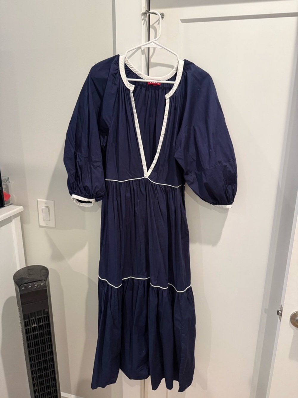 Staud Navy Puff Sleeve Midi Dress with White Trim